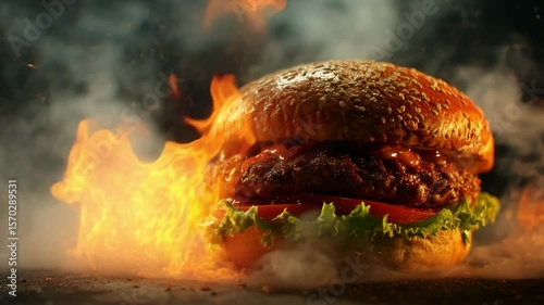 A close-up of a burger with fire wrapping around it, featuring juicy patty, sesame bun, and melted layers, showing intense taste and grilled perfection