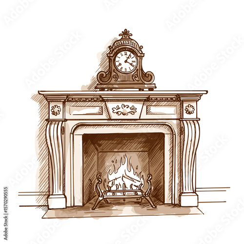 Antique clock on stone mantel above fireplace in classic style  
