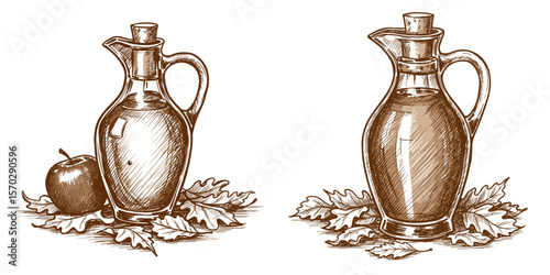 Apple cider jug with apple in fallen leaves on transparent background  