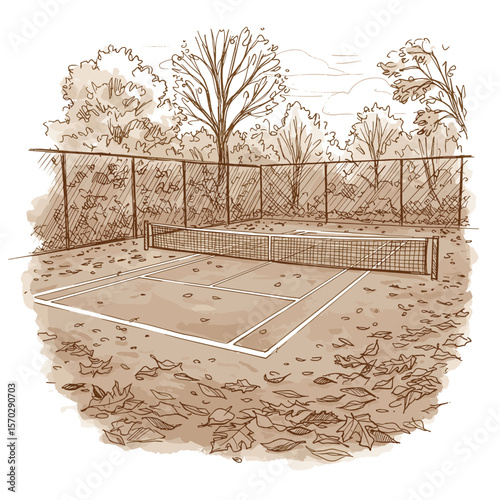 Autumn tennis court with dry leaves in a serene park setting  