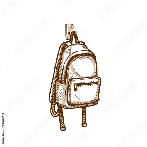 Backpack hung on wall hook in hand-drawn style in neutral colors  