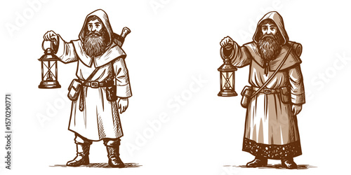 Bearded man holding lantern in brown ink sketch style  