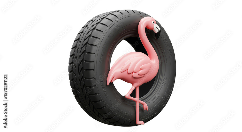 Fototapeta premium 3D Pink Flamingo in Black Tire a Transparent Background Illustration