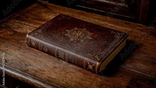 Aged leather book resting on rustic table