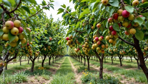 this image showcases an agricultural orchard with rows of evenly spaced trees