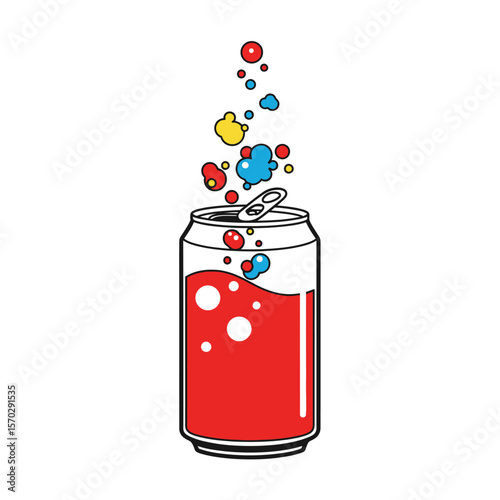 Colorful Bubbles Rising from Open Soda Can on White Background