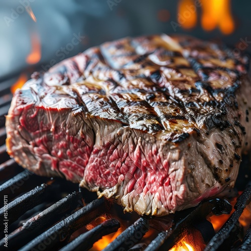an AI Image Generator, Close-Up of Juicy Grilled Steak on Fire