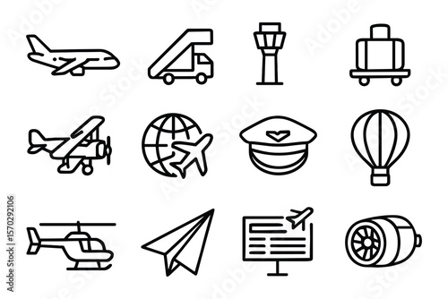 Airport and Aviation Icon Set in Outline Style for Transportation and Travel