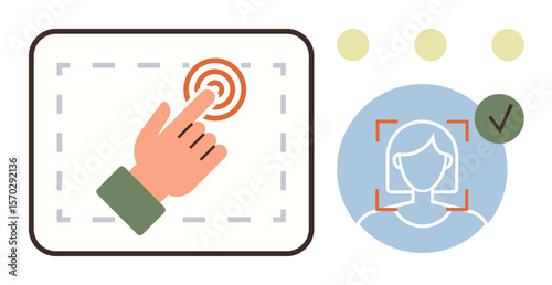Hand tapping target on dashboard interface verified user profile with face recognition. Ideal for biometric authentication, technology, identity verification, security, user interaction, UX design
