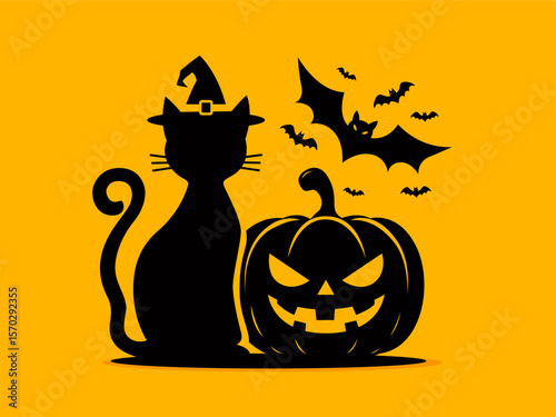 Halloween cat with pumpkin. Halloween scary black cat. Happy Halloween greeting card with Black cat. Black cat in witch hat cartoon character. Halloween Black cat silhouette. Orange background