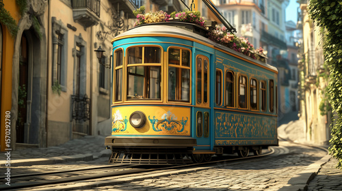 Wallpaper Mural Charming Yellow and Blue Tram on Historic European City Street Torontodigital.ca