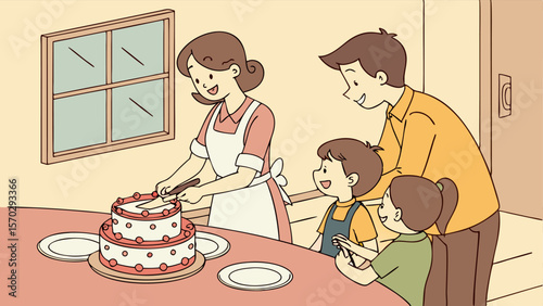 A family celebrating with a two tiered cake while the mother cuts a slice in a cozy home setting scene