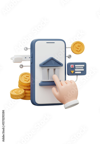 3D Rendering of Mobile Finance with Hand and Banking Elements