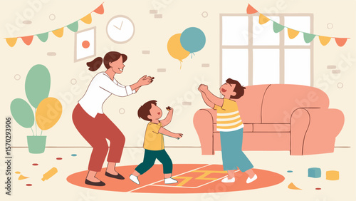 Mother playing clapping game with two children in decorated room with balloons and party garland decor