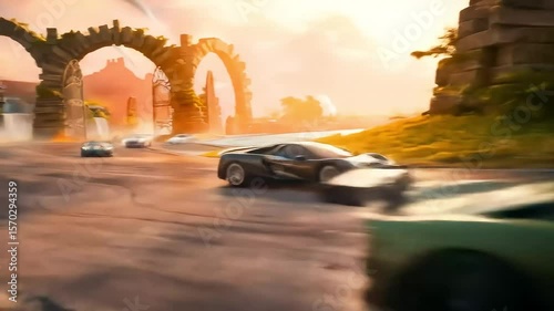 A vibrant race unfolds in a fantasy world as supercars speed through ancient arches and past waterfalls at sunset