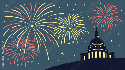 Fireworks explode over the capitol building in the night sky with many stars and a dark blue background