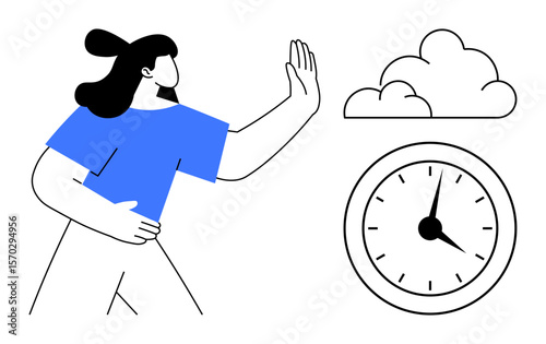 Woman raising hand in stop gesture towards cloud, next to an analog clock. Ideal for time management, technology balance, digital detox, productivity, focus, boundaries, and scheduling concepts