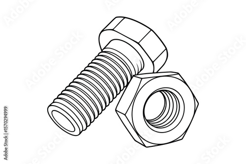 Bolt and Nut Illustration in Detailed Line Art Style for Engineering Design