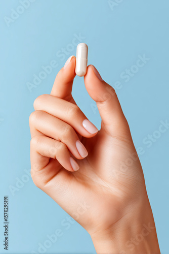 A woman's hand delicately holding a white capsule against a pastel blue background