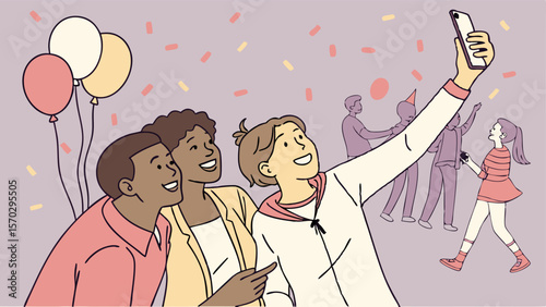 Group of friends taking a selfie at a party with balloons and confetti in the background celebrating together