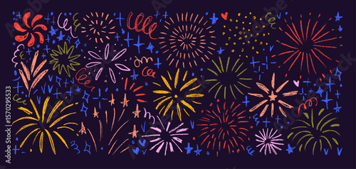 Funky crayon drawn confetti and fireworks on dark background. Childish doodle fireworks icon collection. Sketch burst, explosion, hand drawn firecracker at night. Doodle sunbeams, swirls and circles.