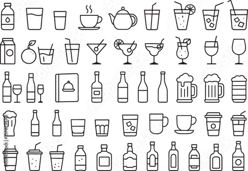 A Comprehensive Line Art Icon Set of Various Drinks and Beverages