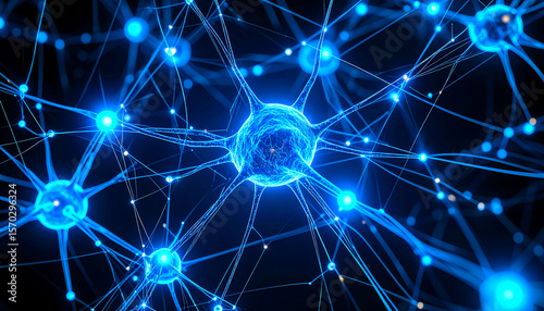 Abstract visualization of a high-tech neural structure with glowing connection points and lines. Set against a black background, this digital design evokes deep learning, networking, and data flow.