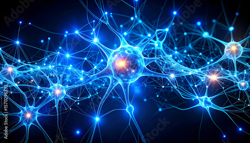 Bright blue and cyan nodes connect through detailed lines, forming a stylized neural network on a black background.