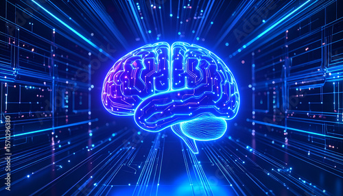 High-tech concept of an artificial brain made from intricate, glowing circuit lines and hardware elements. 