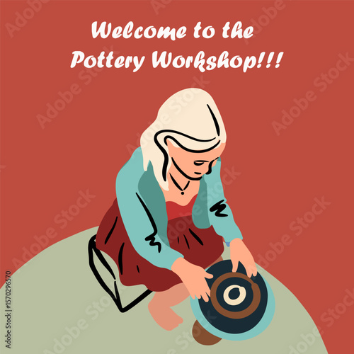 Pottery workshop flyer concept, invitation, pottery party. Hand drawn flat vector illustration
