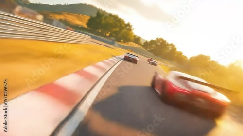 A thrilling first-person view of a high-speed race, blurring past competitors on a sun-drenched track with dynamic camera motion