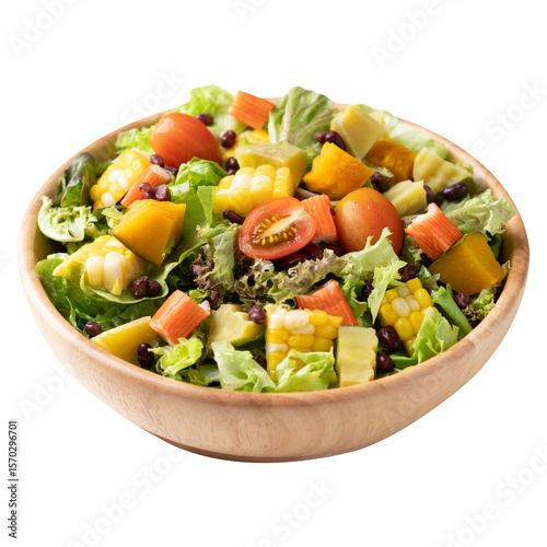 Colorful vegetable salad in wooden bowl, Healthy, fresh, plant- based eating concept