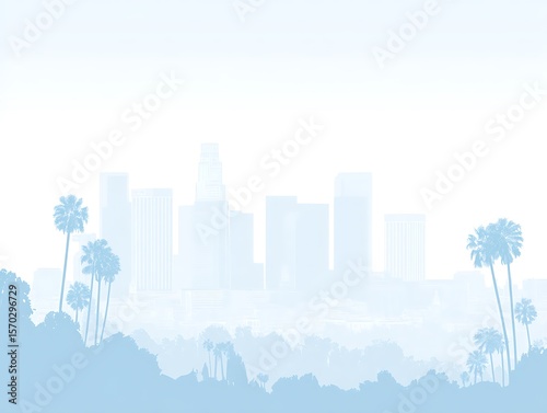 Light-blue cityscape with palm trees.