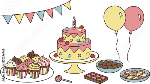 Illustration of a birthday party with cake, cupcakes, balloons, and other sweets on a white background