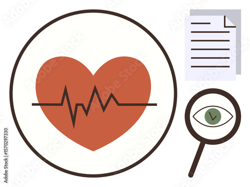 Red heart with pulse line, document stack, and magnifying glass with eye. Ideal for health tracking, medical analysis, report evaluation, observation, research, diagnosis heartbeat monitoring