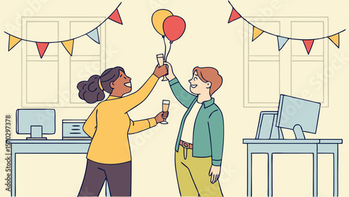 Two colleagues celebrating with champagne and balloons in a decorated office space together now 100 chars