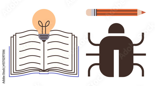 Open book with glowing lightbulb, pencil, and abstract bug design communicates learning, creativity, technology, and debugging ideas. Ideal for education, innovation, tech coding writing
