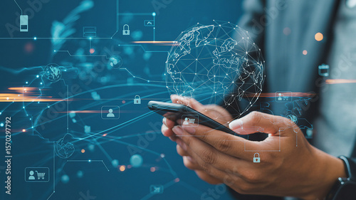 Hands holding smartphone with digital globe and network connections technology