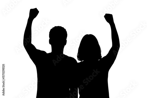 Silhouettes of a man and woman raising fists in solidarity against a white background