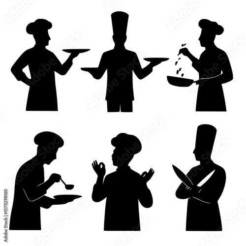 Silhouettes of Chefs in Various Cooking Poses on White Background