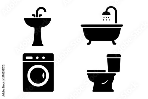 Silhouettes of Bathroom Fixtures in Black on White Background
