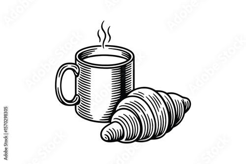 Coffee and Croissant Hand Drawn Illustration, Breakfast, Food, Drink