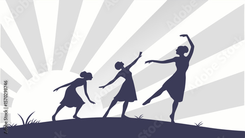 Silhouette of three dancers in different poses against a backdrop of radiating light beams on a hill top