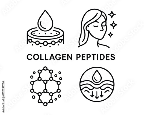 Collagen Peptides Skin Care Beauty Treatment Line Art Icon Set Isolated