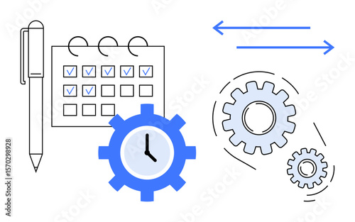 Pen, checklist calendar, clock, and interconnected gears symbolizing time management, efficiency, teamwork, automation, planning workflow and productivity. Ideal for scheduling process