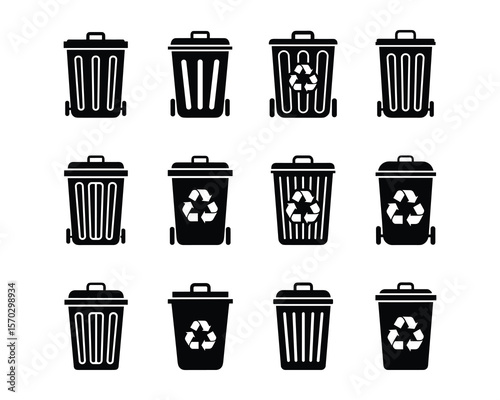 Collection of Black and White Trash Cans and Recycling Bins Vector Icons
