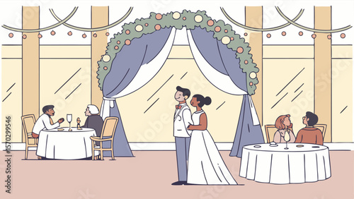 Illustration of a wedding reception with a couple under an arch and guests at tables celebrating