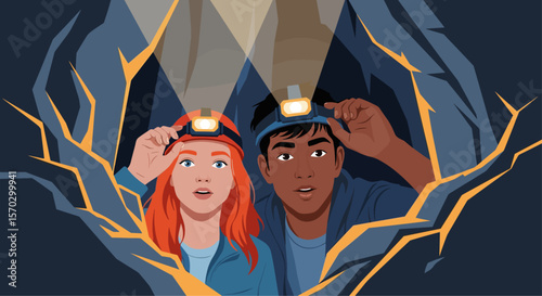 Young Red haired woman and Latin man Exploring a Dark Cave