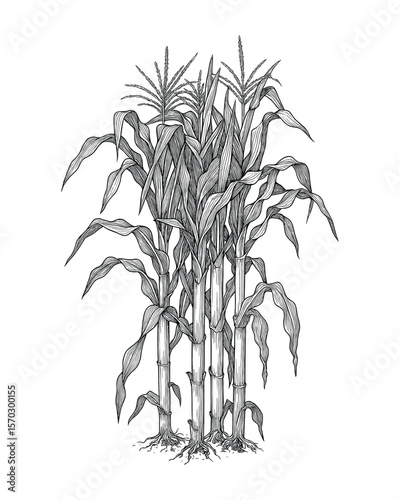 Corn Stalks Illustration in Black and White Detailed Drawing of Maize