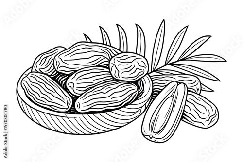 Dates Fruit Illustration with Palm Leaf in Black and White Outline Style